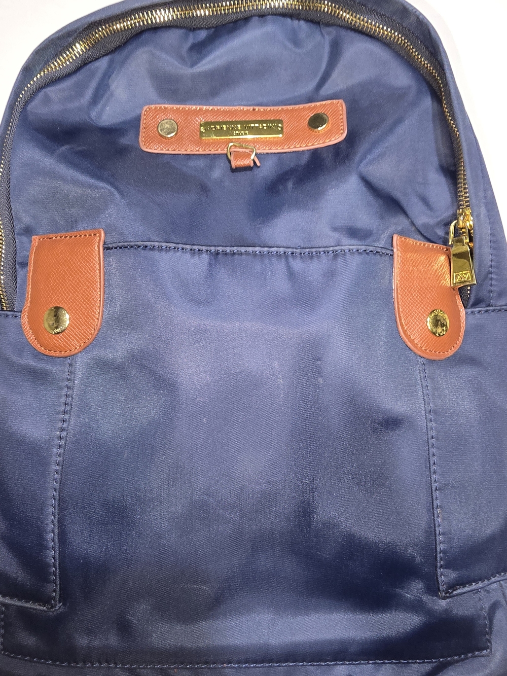 Adrienne Vittadini Studio Navy Nylon Backpack Cognac Trim Gold Hardware